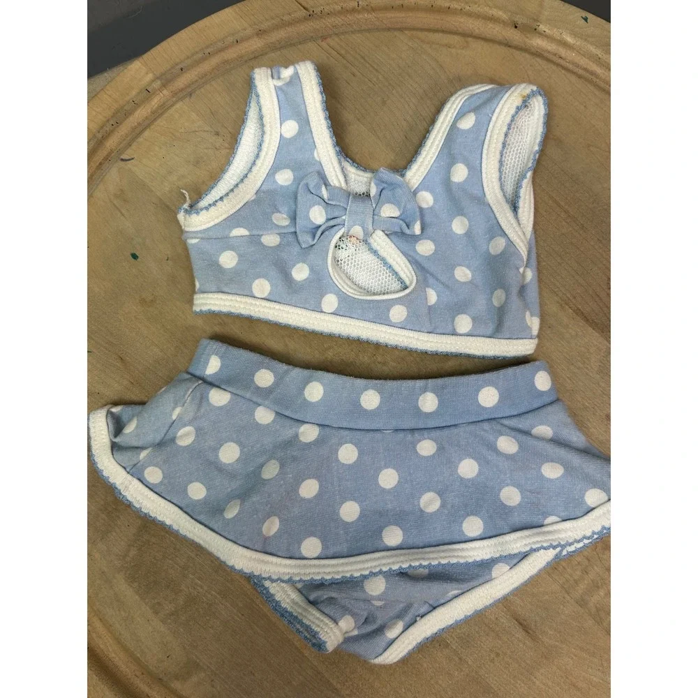 Baby Buns Blue Polka Dot Shell Embroidered 2 Piece‎ Skirted Swimsuit 12 Months